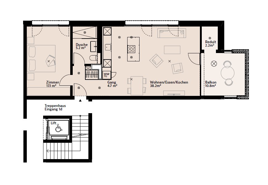 2 ½ rooms apartment

Available for rent from 01.12.2026 with the possibility to take over like-new furniture at a good price.

Shopping facilities (Migros, Denner, pharmacy) on the ground floor, car charging station for e-cars and gas station reachable within a 2-minute walk., photo 2 of 6