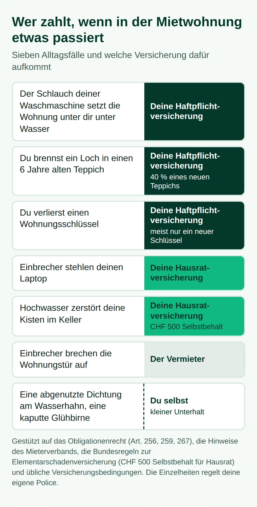 Sieben Fälle in der Mietwohnung: Wasser in der Wohnung darunter, Brandloch und verlorener Schlüssel an die Haftpflicht, gestohlener Laptop und nasse Kellerkisten an den Hausrat, aufgebrochene Tür an den Vermieter, alte Hahndichtung an dich