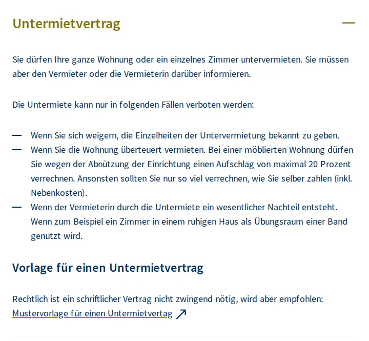 Abschnitt Untermietvertrag auf ch.ch: Verbot nur, wenn Einzelheiten verschwiegen werden, die Wohnung überteuert ist (möbliert höchstens 20 Prozent Aufschlag, sonst nur, was man selbst zahlt) oder der Vermieter wesentliche Nachteile hat.