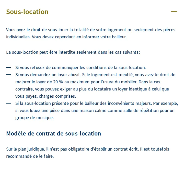 Rubrique Sous-location sur ch.ch : refus possible seulement si le locataire cache les conditions, demande un loyer abusif (meublé : 20 % de plus au maximum, sinon ce qu’il paie lui-même) ou si le bailleur subit des inconvénients majeurs.