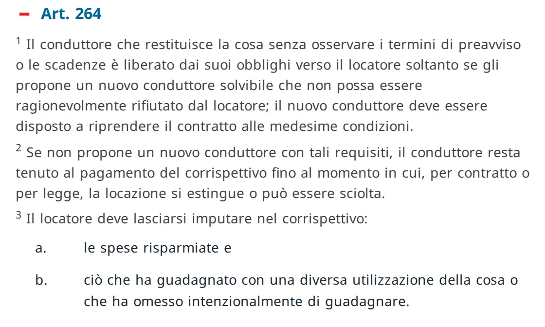 L'articolo 264 del Codice delle obbligazioni in italiano sul sito del diritto federale, tre capoversi sulla restituzione anticipata della cosa locata
