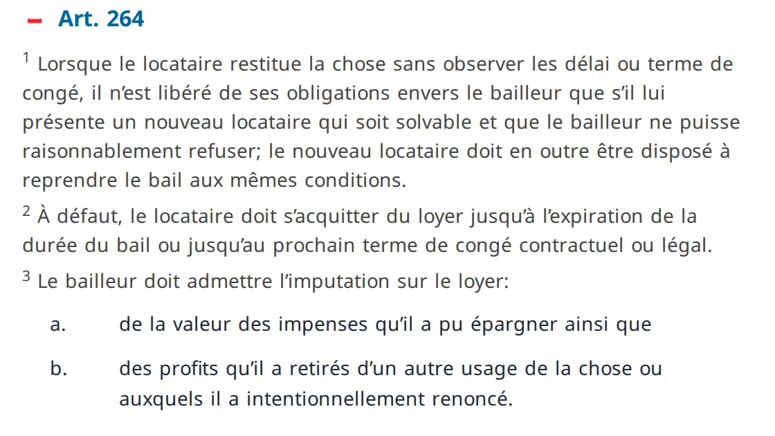 L'article 264 du Code des obligations en français sur le site du droit fédéral, trois alinéas sur la restitution anticipée de la chose louée