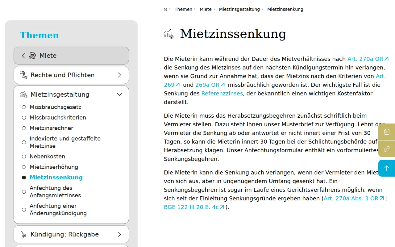 The Zürich courts' page on rent reductions, in German, describing the written request to the landlord and the 30-day periods before the conciliation authority