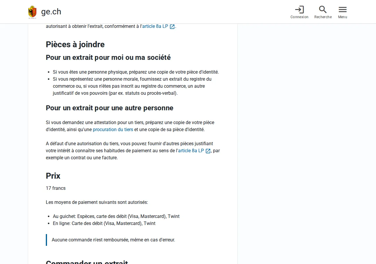 La page du canton de Genève sur la demande d'un extrait du registre des poursuites, avec les documents nécessaires et le prix de 17 francs.