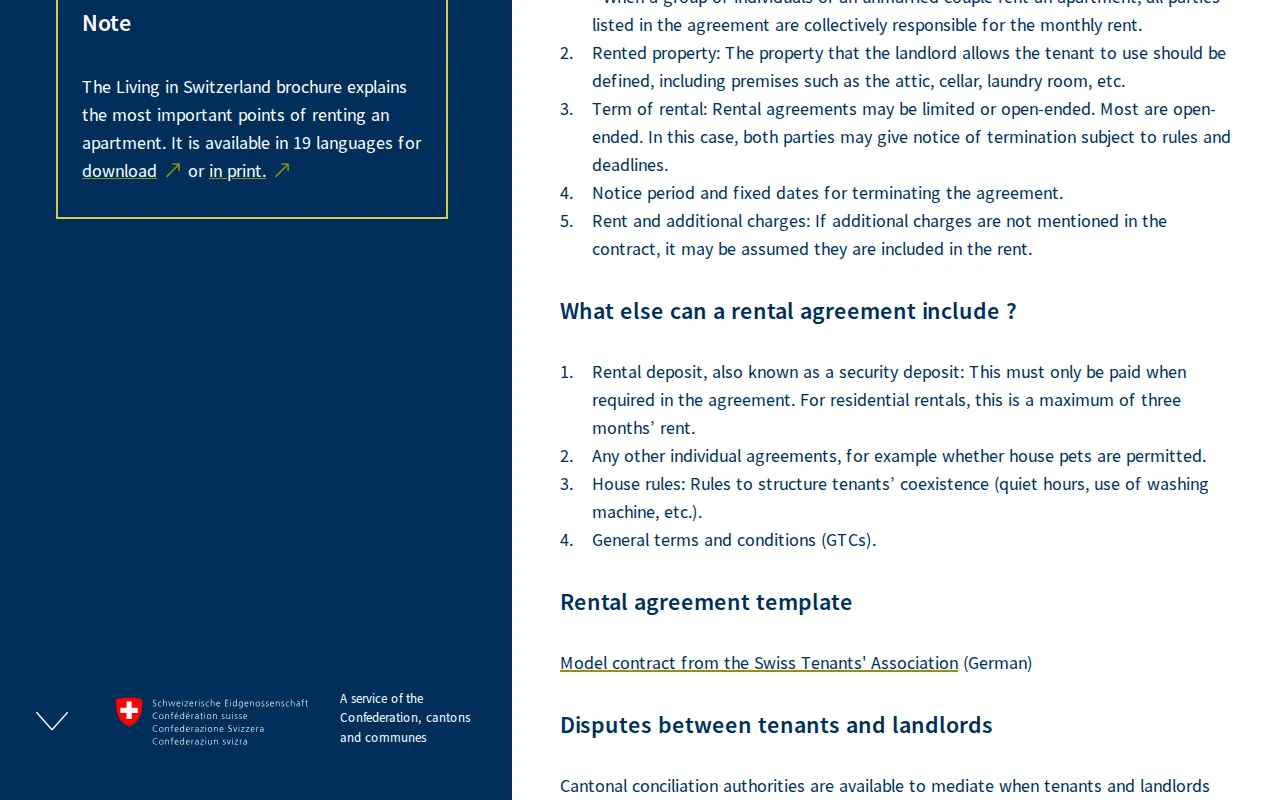The ch.ch page on rental and leasing agreements, with the section on what else a lease can include opened, showing the rental deposit line.