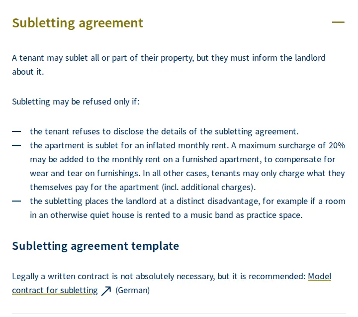Subletting section on ch.ch: it may be refused only if the tenant hides the terms, the rent is inflated (at most 20% more for a furnished flat, otherwise only what the tenant pays) or the landlord is clearly disadvantaged.