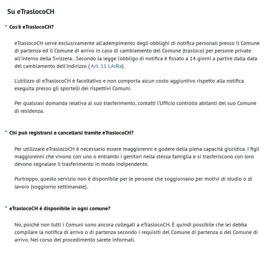 La pagina di eTraslocoCH in italiano: notifica obbligatoria entro 14 giorni, bisogna essere maggiorenni, il servizio non è aperto al soggiorno settimanale e non tutti i Comuni sono collegati