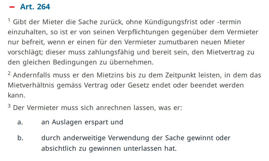 Artikel 264 des Obligationenrechts auf der Website des Bundesrechts, drei Absätze zur vorzeitigen Rückgabe der Mietsache