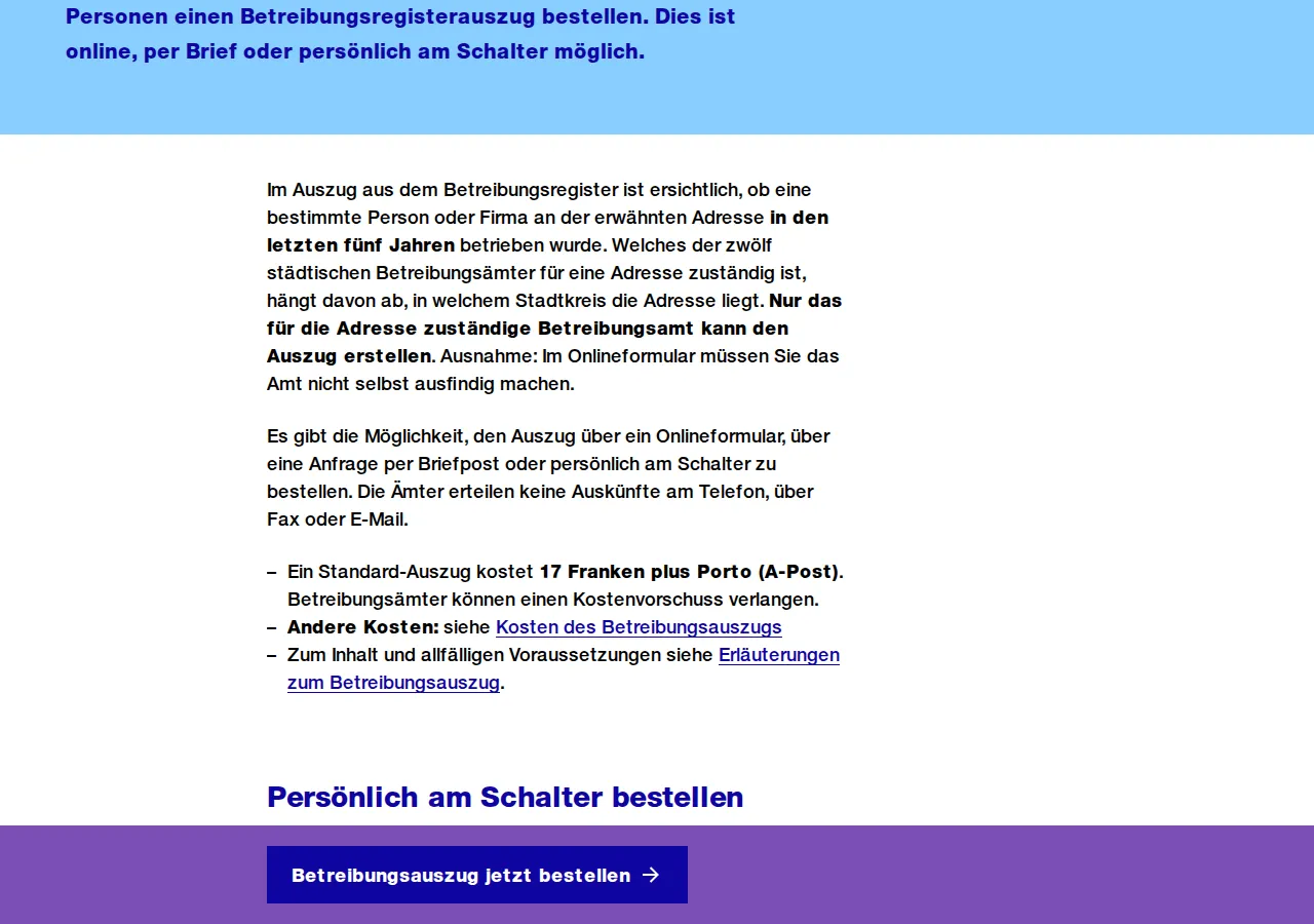 La page de la Ville de Zurich sur la commande d'un extrait du registre des poursuites, indiquant que seul l'office compétent pour l'adresse peut le délivrer et qu'un extrait standard coûte CHF 17 plus les frais d'envoi.
