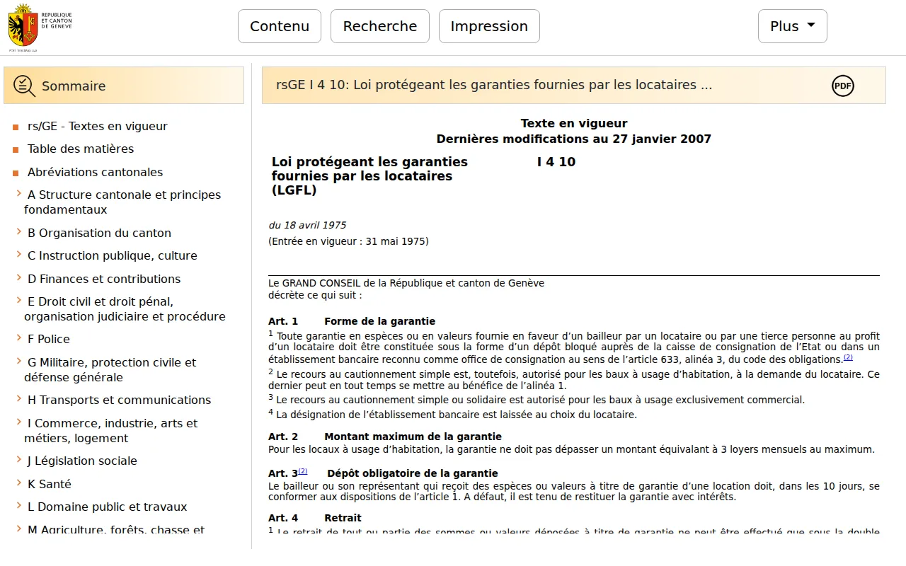 The Geneva legislation database page for the LGFL, showing articles 1 to 3 on the blocked deposit, the maximum of 3 monthly rents and the 10-day duty to deposit.