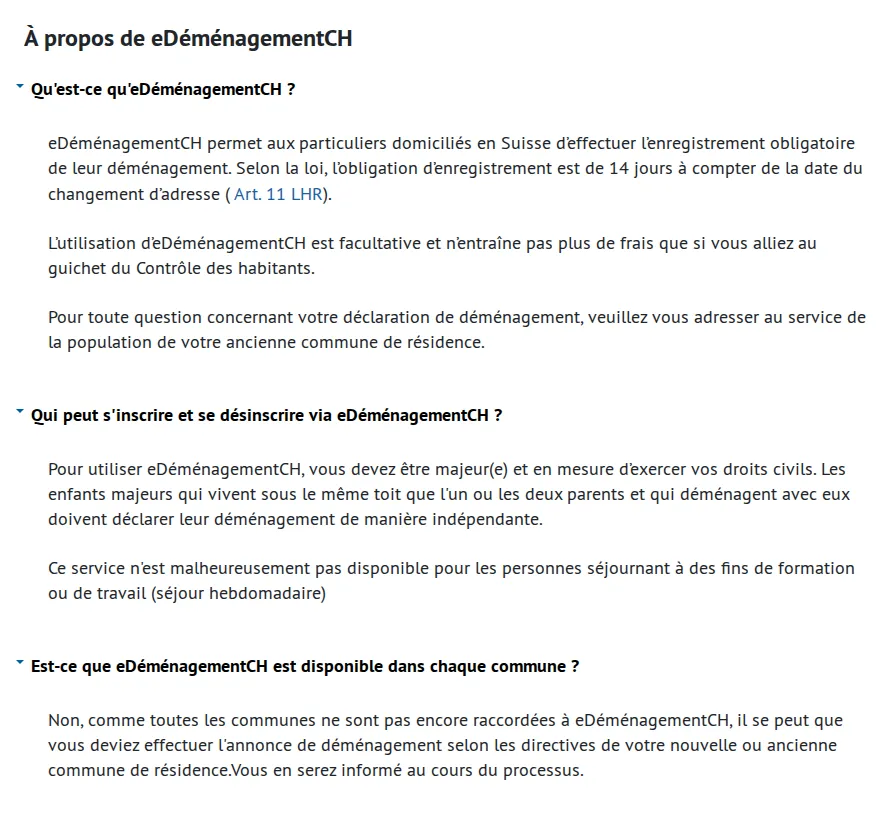 La page d'eDéménagementCH en français : l'annonce est obligatoire dans les 14 jours, il faut être majeur, le service n'est pas ouvert au séjour hebdomadaire et toutes les communes ne sont pas raccordées