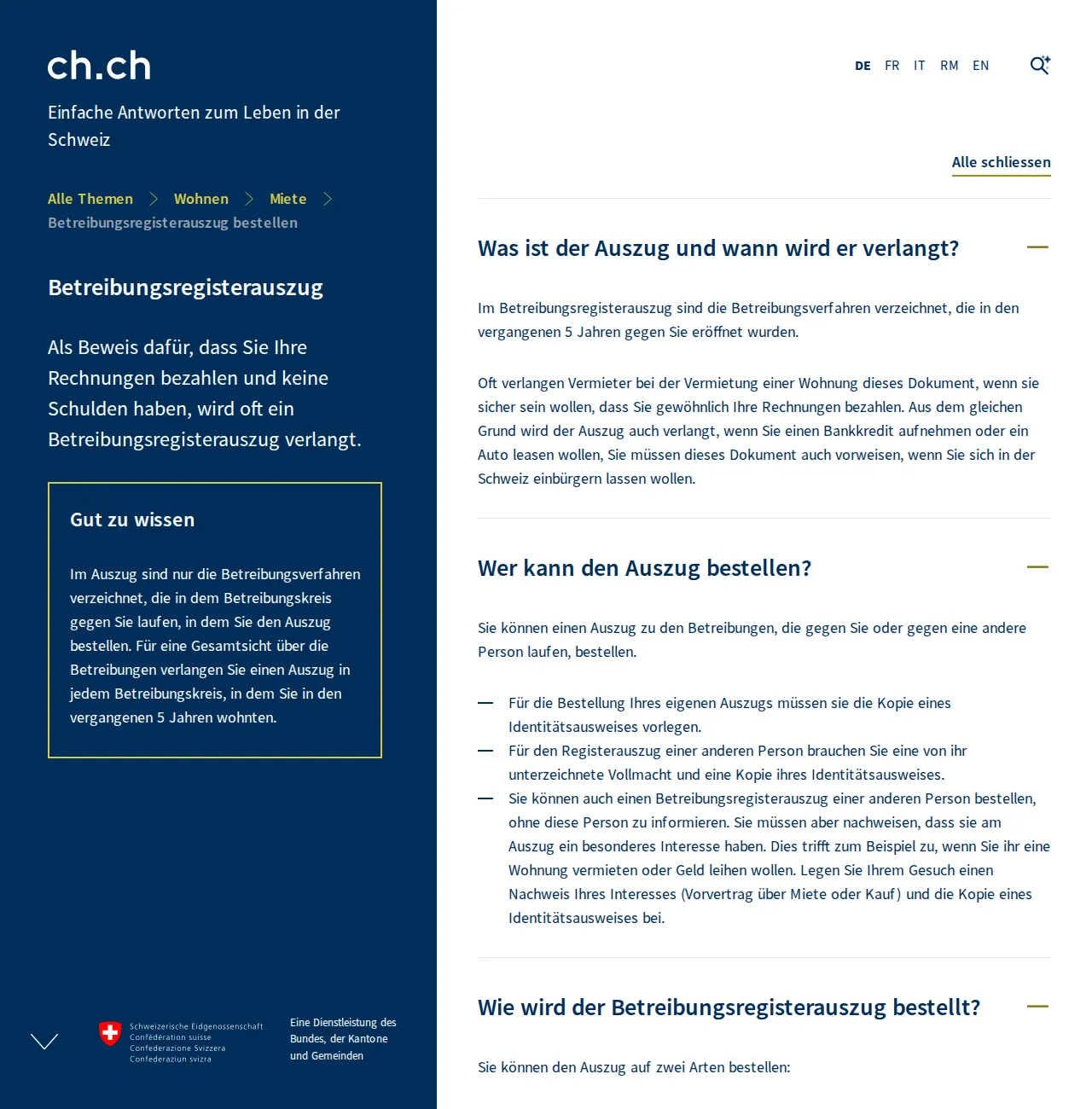 La page de ch.ch sur l'extrait du registre des poursuites, toutes les sections ouvertes, avec la remarque selon laquelle l'extrait ne couvre que l'arrondissement de poursuite où il est commandé.