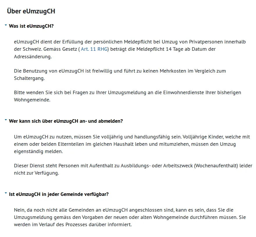 Die Seite von eUmzugCH auf Deutsch: Meldepflicht innert 14 Tagen, Nutzung nur für Volljährige, nicht für Wochenaufenthalter, und noch nicht alle Gemeinden sind angeschlossen