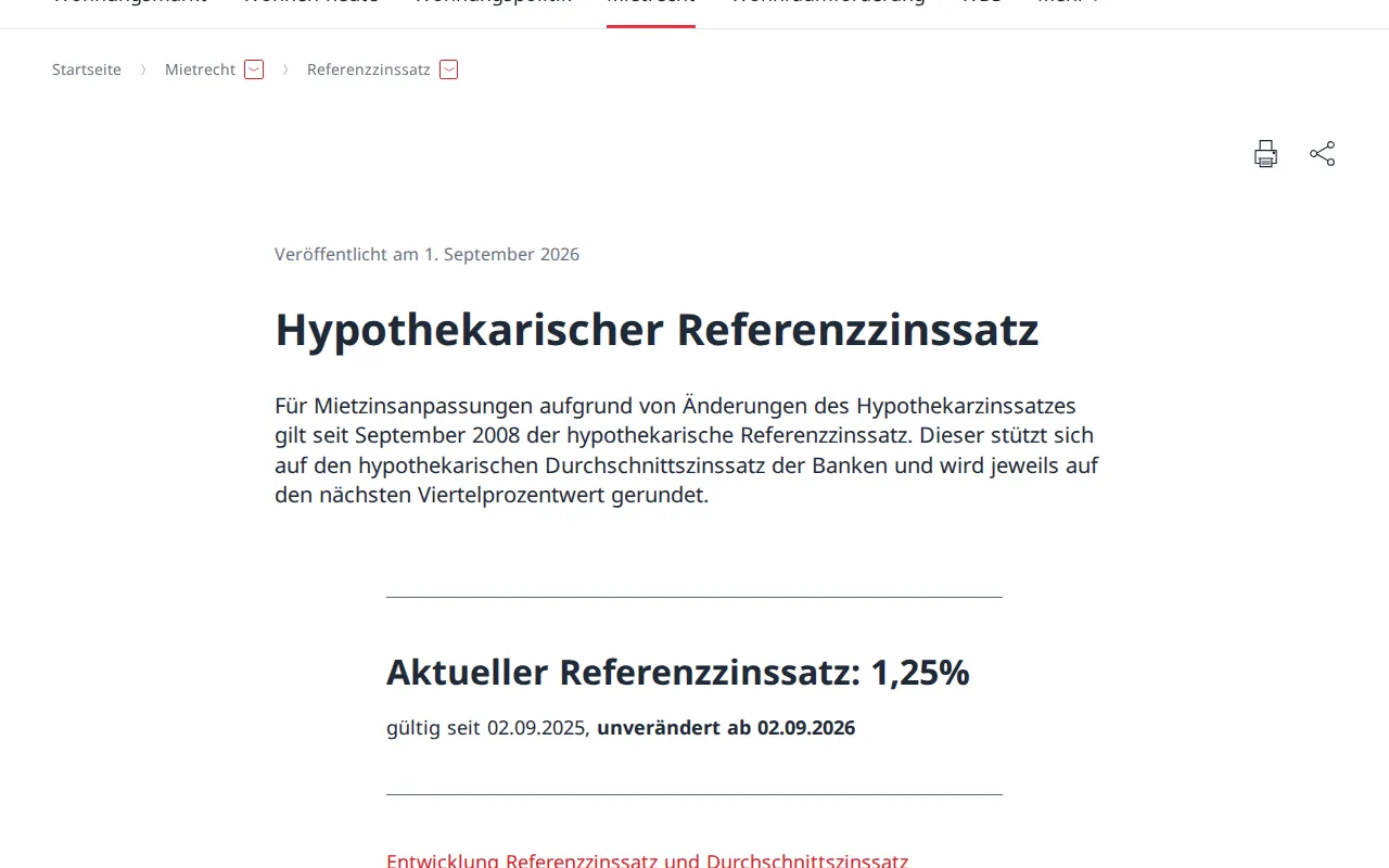 BWO's page on the mortgage reference rate, in German, showing the current rate of 1.25 percent valid since 2 September 2025 and unchanged from 2 September 2026