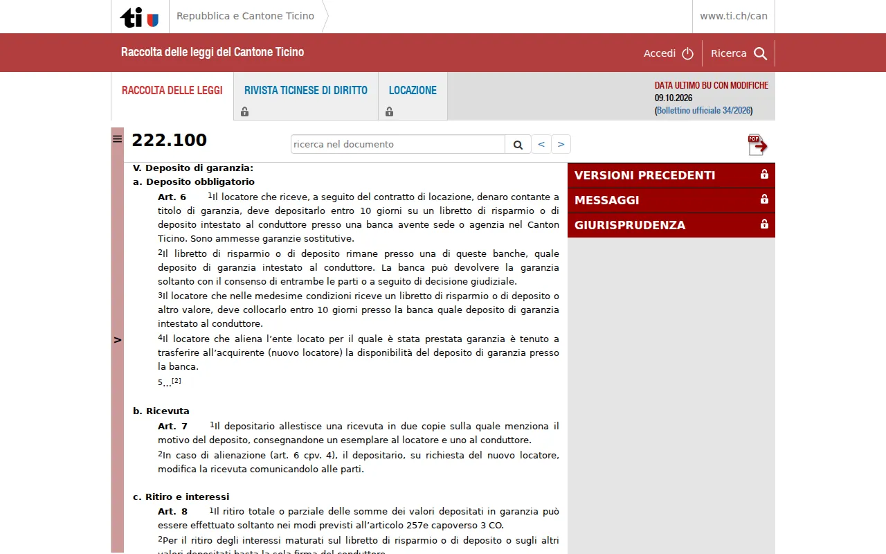 The Ticino law collection page for law 222.100, showing articles 6 and 7 on the guarantee deposit and the receipt, and the start of article 8 on withdrawal and interest.