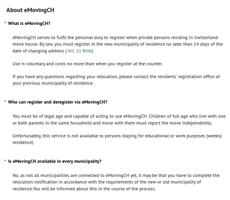 The eMovingCH page in English: you must register in the new municipality within 14 days, you must be of legal age, weekly residents cannot use it, and not every municipality is connected